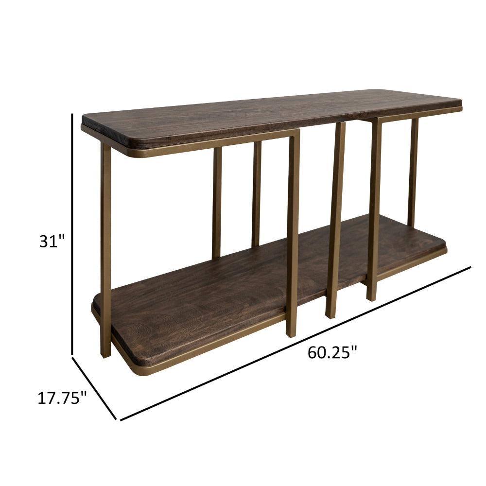 Nexa Sofa Table Bottom Shelf 60 Inch Rectangular Top Brown Gold Metal By Casagear Home BM319146