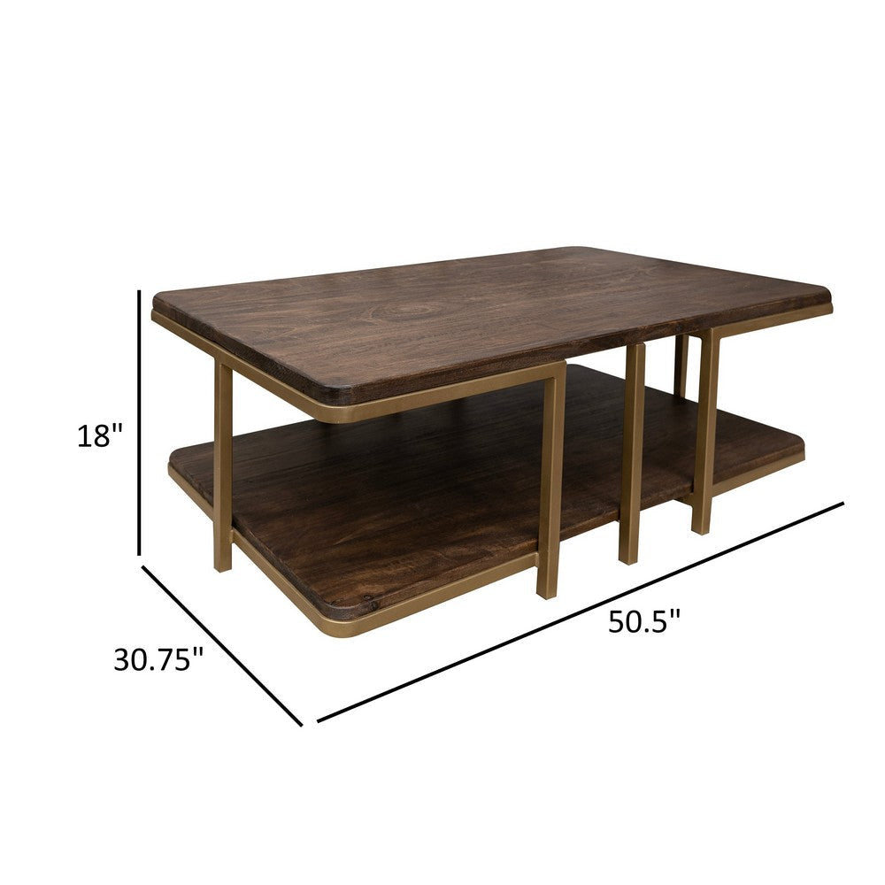 Nexa Cocktail Coffee Table 51 Inch Rectangular with Shelf Brown Gold By Casagear Home BM319147