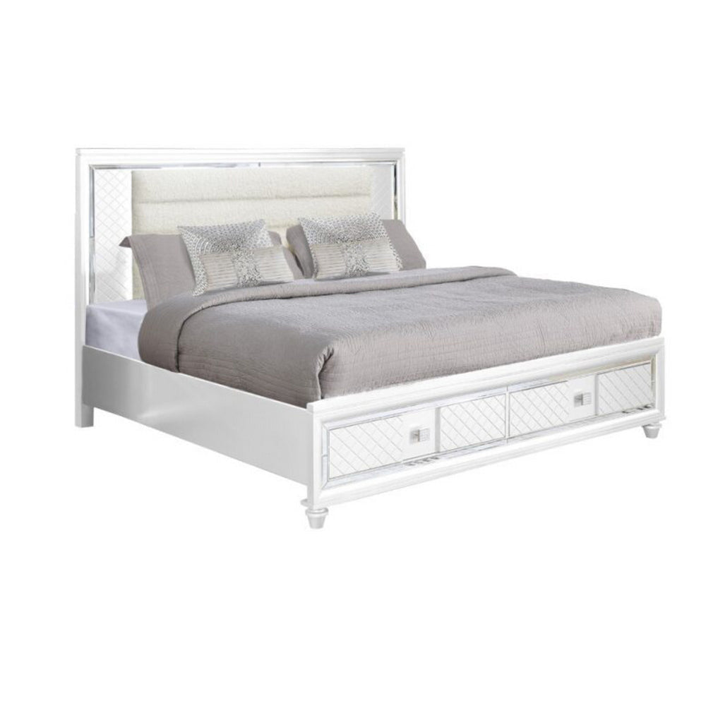 Moy King Size Bed, LED, White Upholstered Headboard, Footboard Storage By Casagear Home