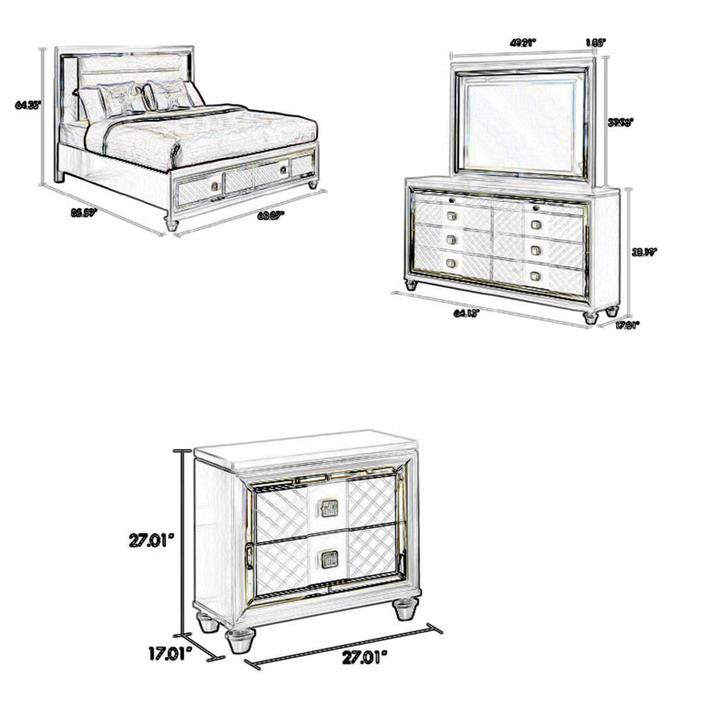 Moy 4pc Queen Bed and Bedroom Set LED Mirror Nightstand Dresser White By Casagear Home BM319153