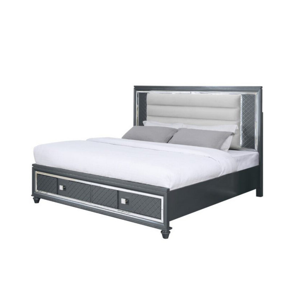 Moy Queen Size Bed LED Gray Upholstered Headboard Footboard Storage By Casagear Home BM319155