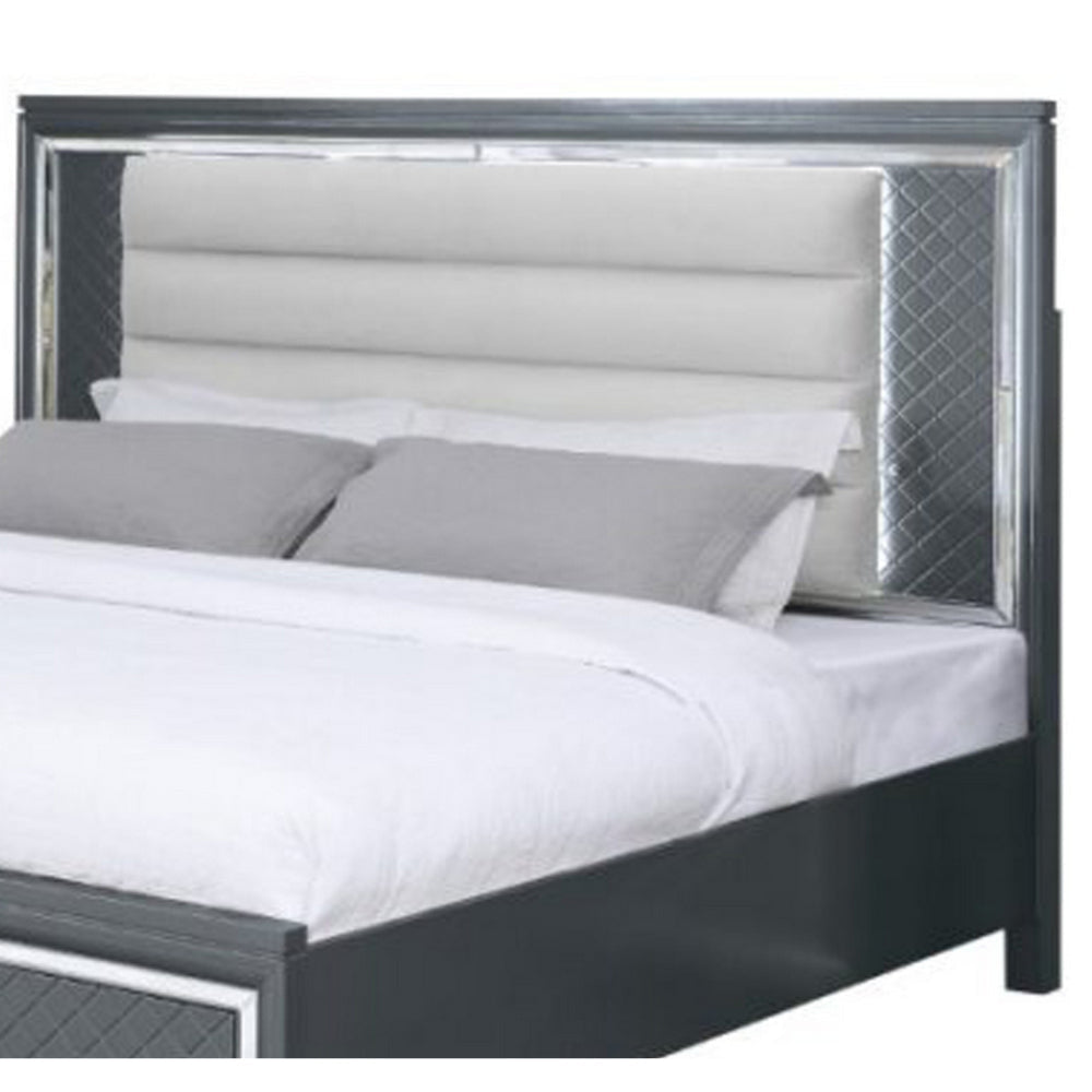 Moy Queen Size Bed LED Gray Upholstered Headboard Footboard Storage By Casagear Home BM319155