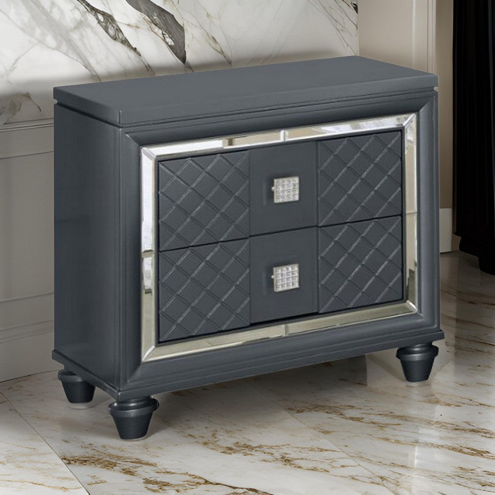 Moy Modern Nightstand 2 Drawers with Crystal Knobs Mirror Accent Gray By Casagear Home BM319157