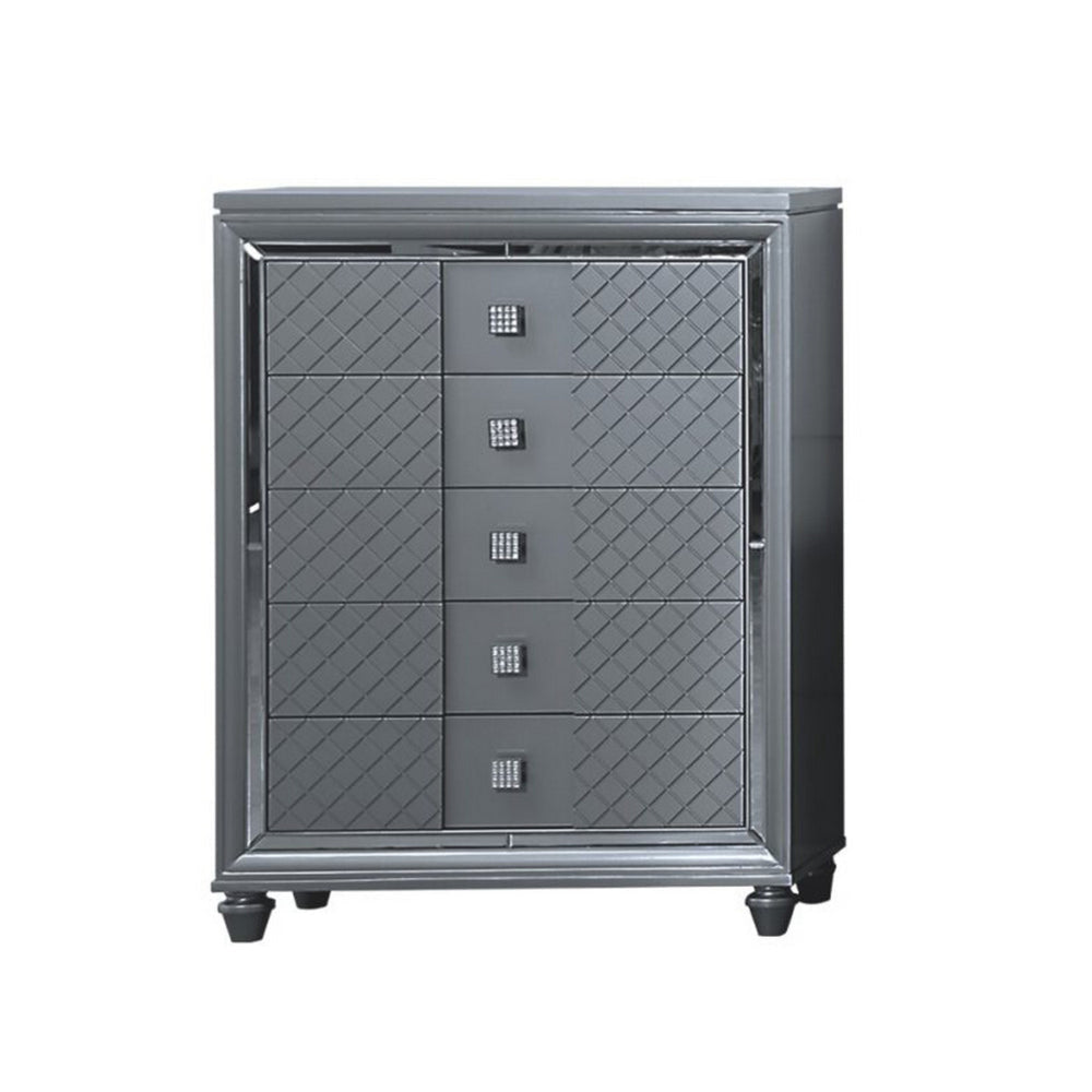 Moy Tall Dresser Chest 5 Drawers with Crystal Knobs Mirror Accent Gray By Casagear Home BM319158