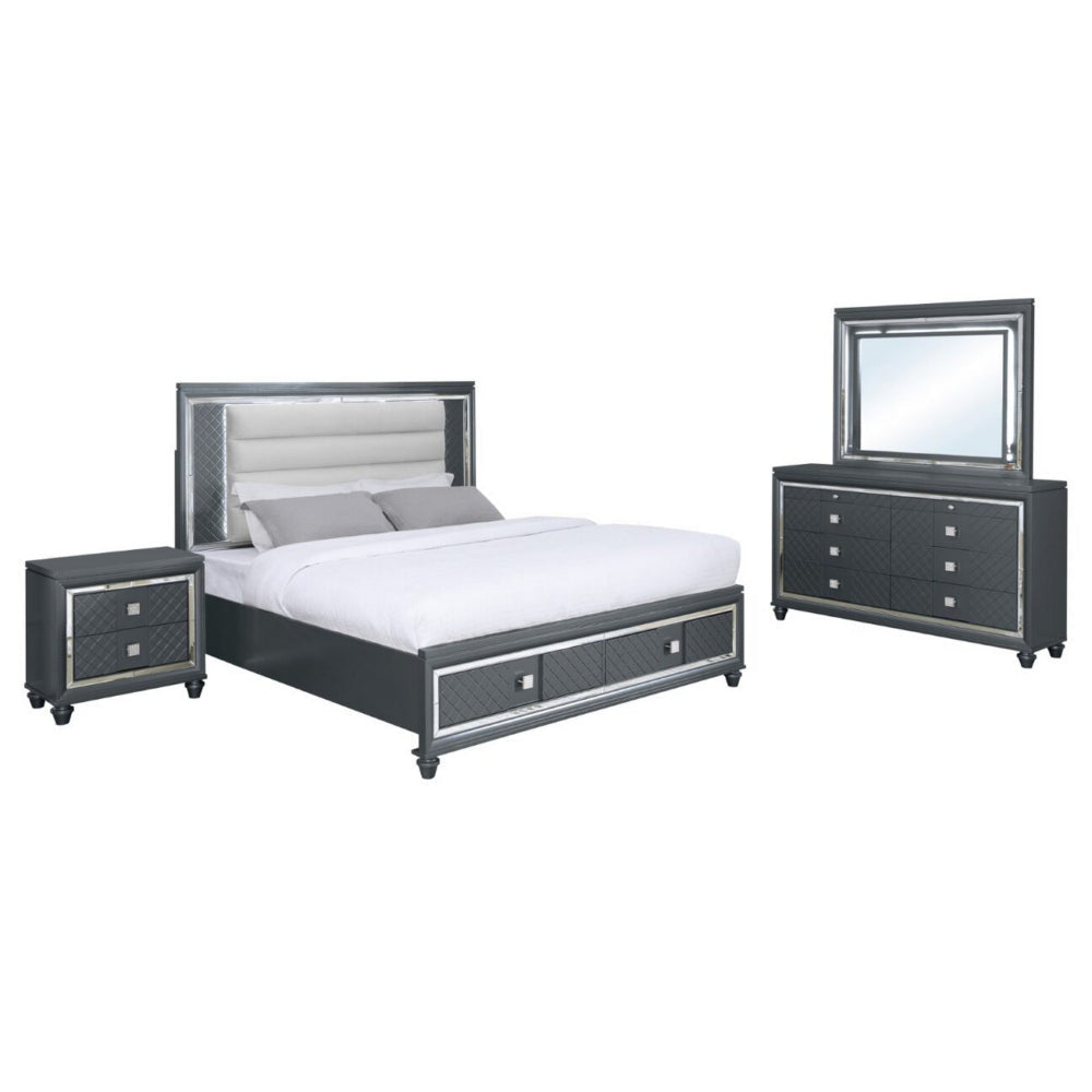 Moy 4pc Queen Bed and Bedroom Set, LED Mirror, Nightstand, Dresser, Gray By Casagear Home