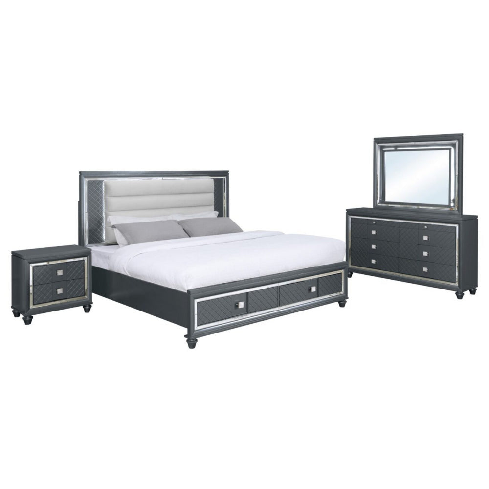 Moy 4pc King Bed and Bedroom Set, LED Mirror, Nightstand and Dresser, Gray By Casagear Home