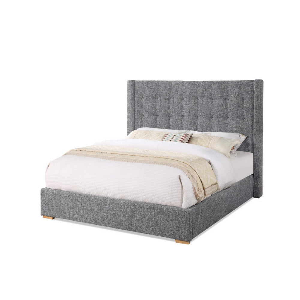 Lyn King Size Platform Bed, Wingback Headboard, Gray Tweed Upholstery By Casagear Home