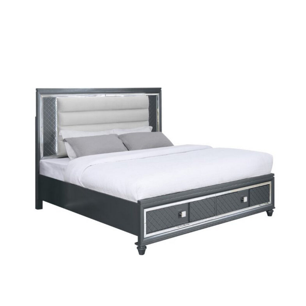 Seri Queen Size Bed with Storage, Channel Tufted Gray Upholstery, LED Light By Casagear Home