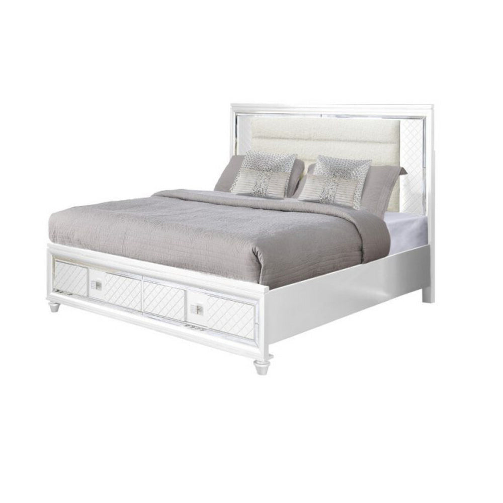 Seri Queen Bed with Storage Channel Tufted White Upholstery LED Light By Casagear Home BM319169