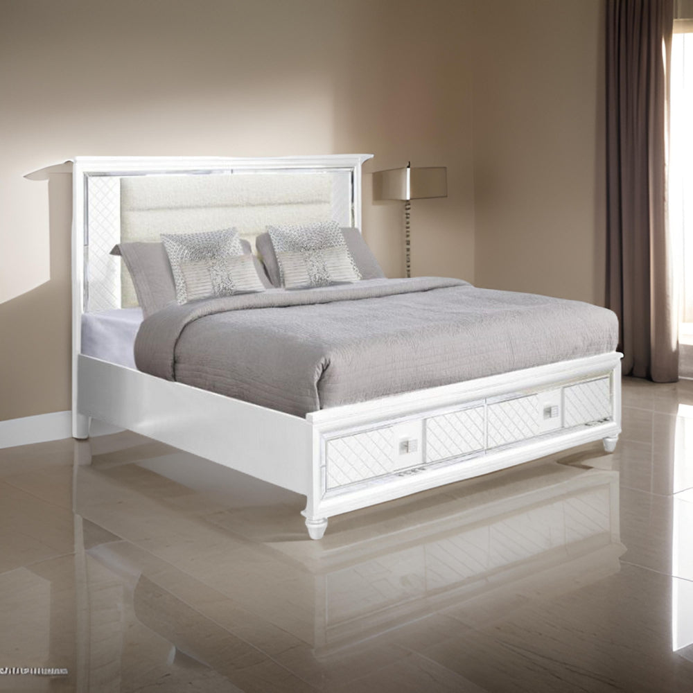 Seri Queen Bed with Storage Channel Tufted White Upholstery LED Light By Casagear Home BM319169