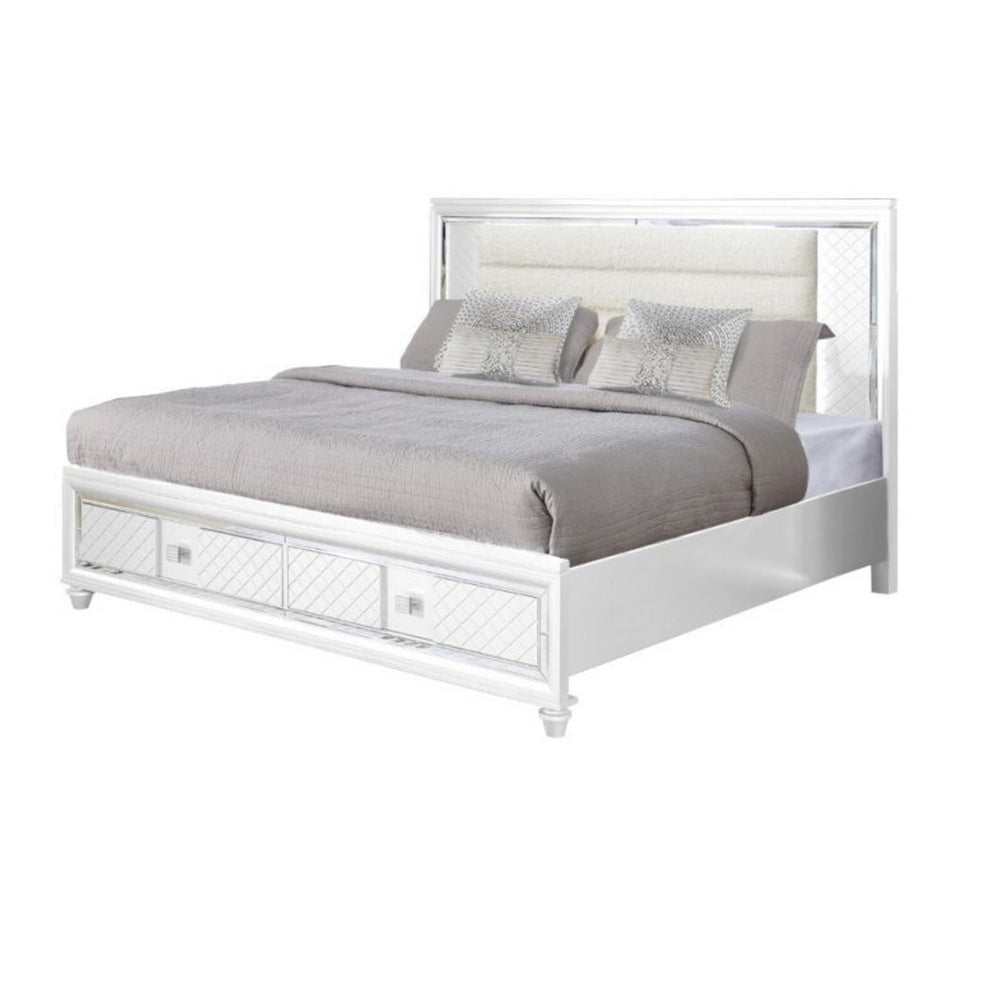 Seri King Bed with Storage Channel Tufted White Upholstery LED Light By Casagear Home BM319170