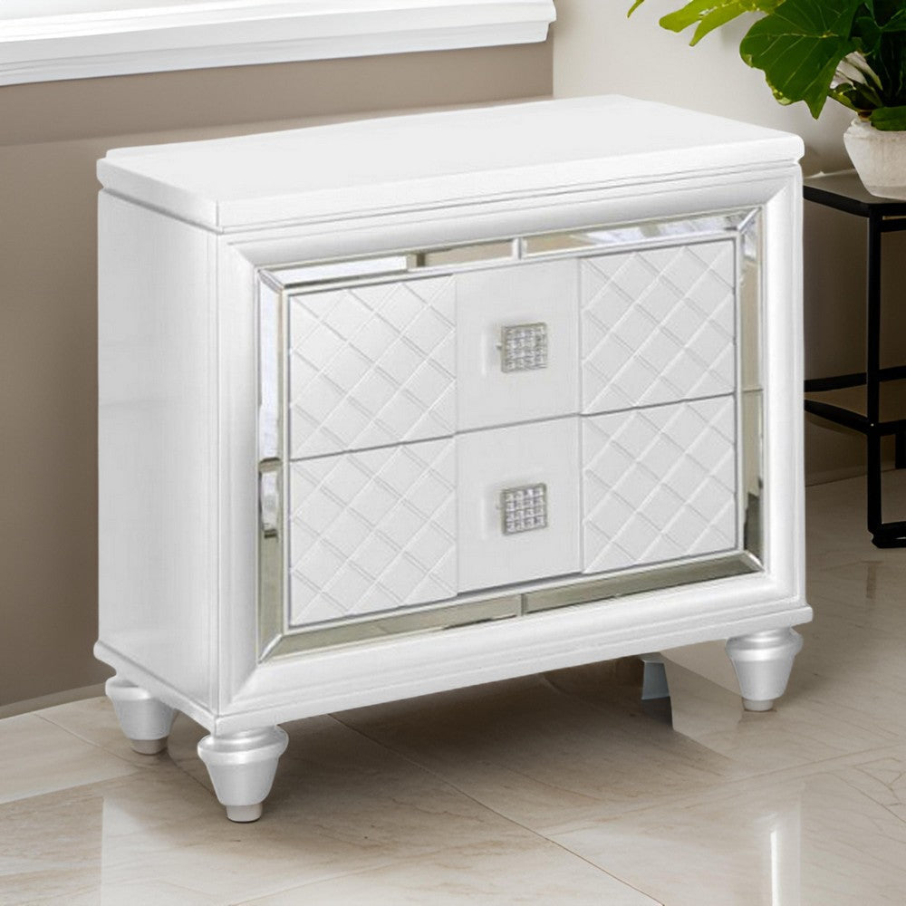 Seri Nightstand with 2 Drawers 17 Inch Diamond Pattern White Solid Wood By Casagear Home BM319171