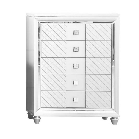 Seri Tall Dresser Chest with 5 Drawers, Diamond Pattern, White Solid Wood By Casagear Home