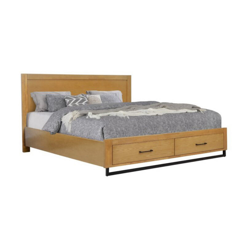 Larie King Size Bed with Storage, Black Metal Legs, Rustic, Light Oak Brown By Casagear Home