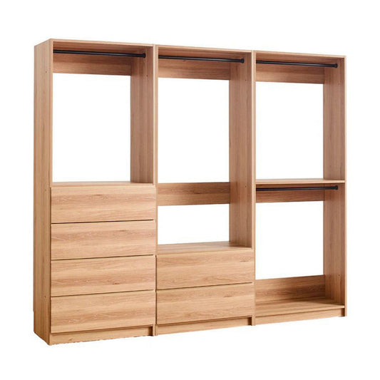 Dee Modular Closet System, Freestanding, 4 Clothing Racks, 6 Drawers, Oak  By Casagear Home