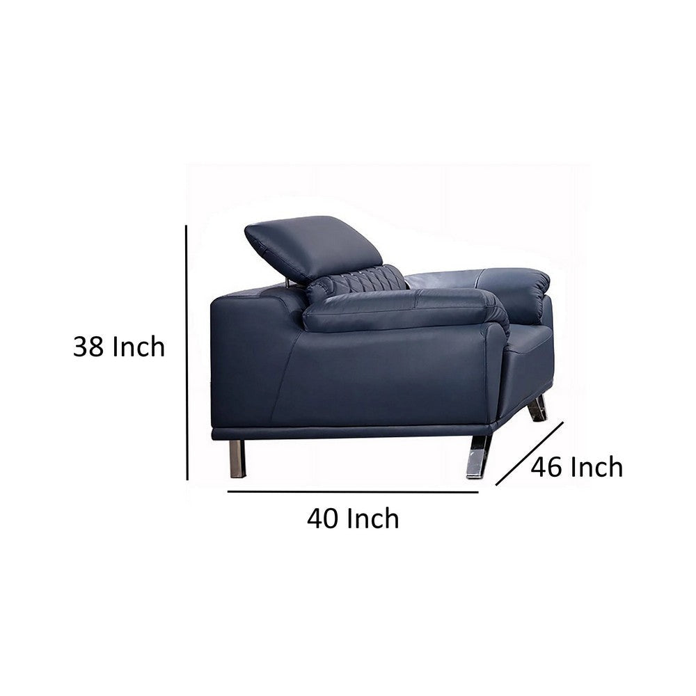 Cassie Accent Chair Navy Blue Top Grain Leather Adjustable Headrest By Casagear Home BM319227