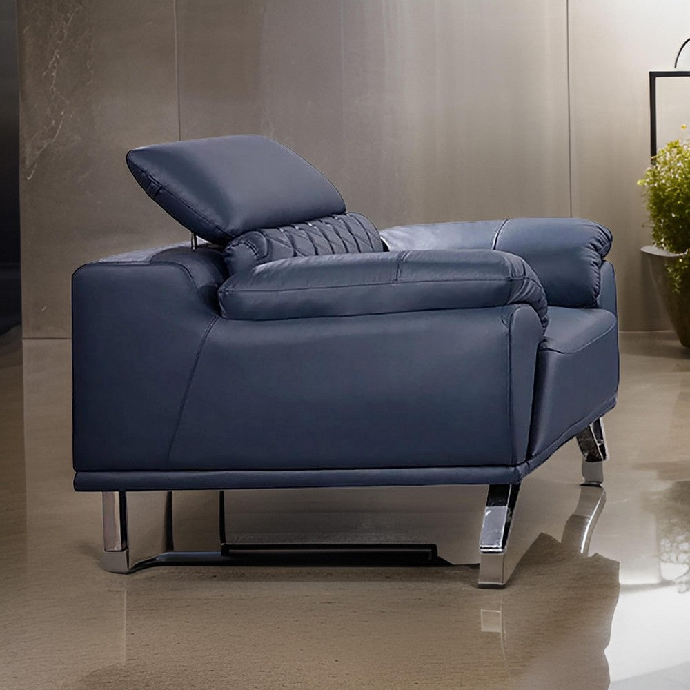 Cassie Accent Chair Navy Blue Top Grain Leather Adjustable Headrest By Casagear Home BM319227