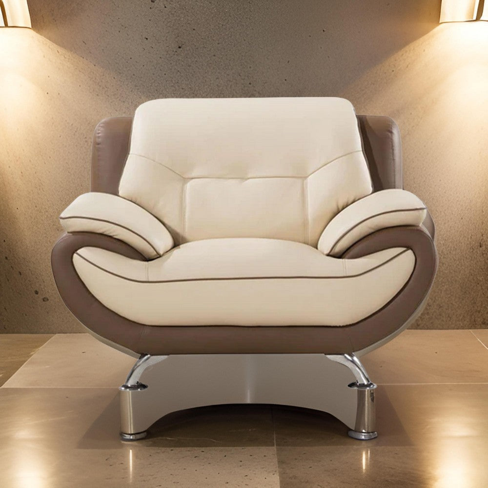 Diana Accent Chair 2 Tone Brown Cream Genuine Leather Steel Legs By Casagear Home BM319232