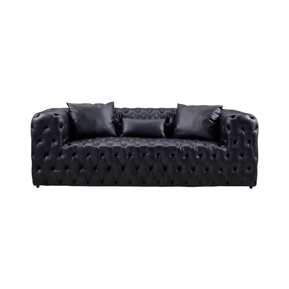 Sam Sofa, Black Tufted Faux Leather, Throw Pillows, Chesterfield, 84 Inch By Casagear Home