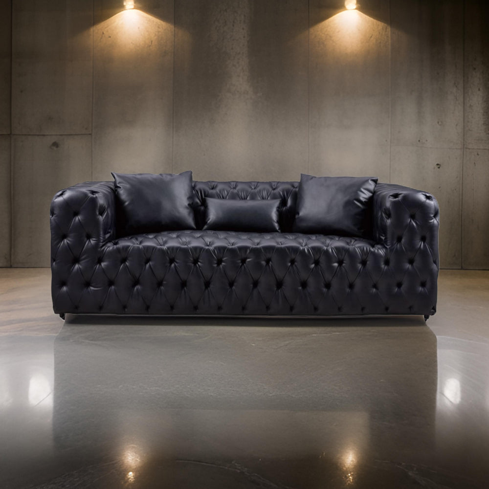 Sam Sofa Black Tufted Faux Leather Throw Pillows Chesterfield 84 Inch By Casagear Home BM319244