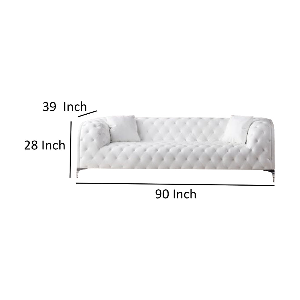 Sam Sofa White Tufted Faux Leather Throw Pillows Steel Legs 90 Inch By Casagear Home BM319248