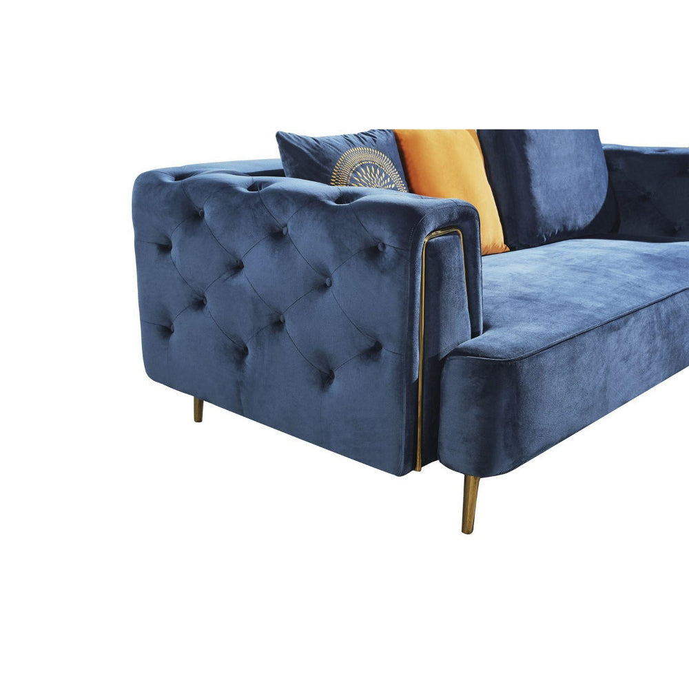 Azia 102 Inch Extra Long Sofa Tufted Royal Blue Velvet Gold Throw Pillows By Casagear Home BM319249