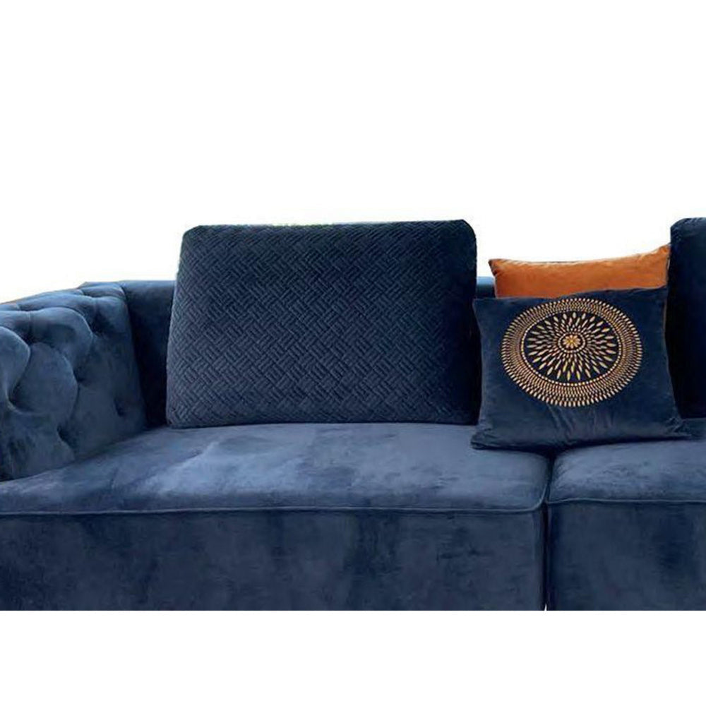 Azia 102 Inch Extra Long Sofa Tufted Royal Blue Velvet Gold Throw Pillows By Casagear Home BM319249