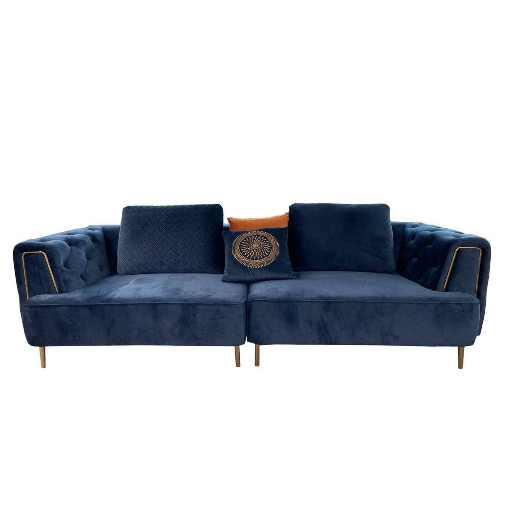 Azia 102 Inch Extra Long Sofa, Tufted Royal Blue Velvet Gold, Throw Pillows By Casagear Home