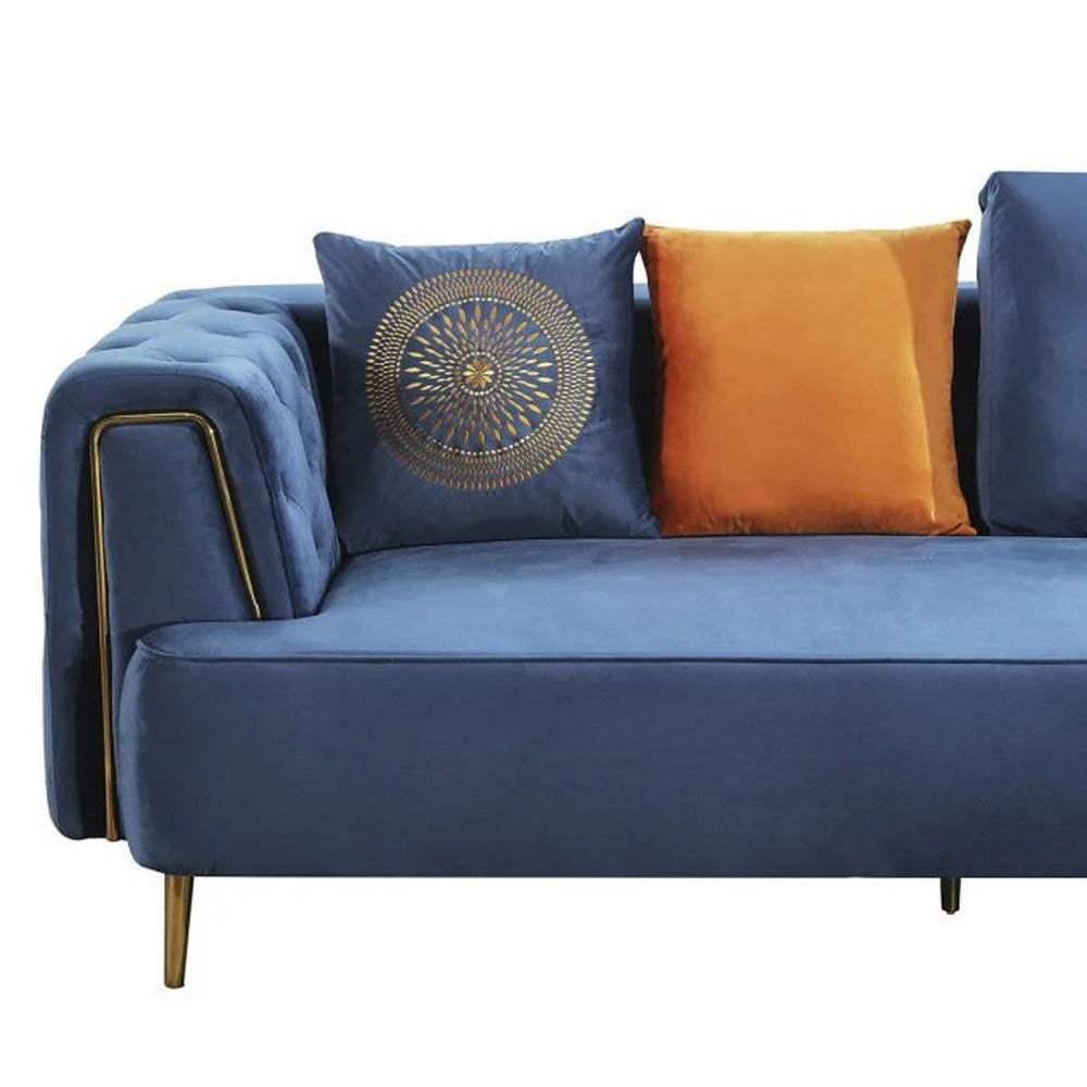 Azia Sofa Blue Velvet Tufted Arms Golden Accents Throw Pillows 83 Inch By Casagear Home BM319250