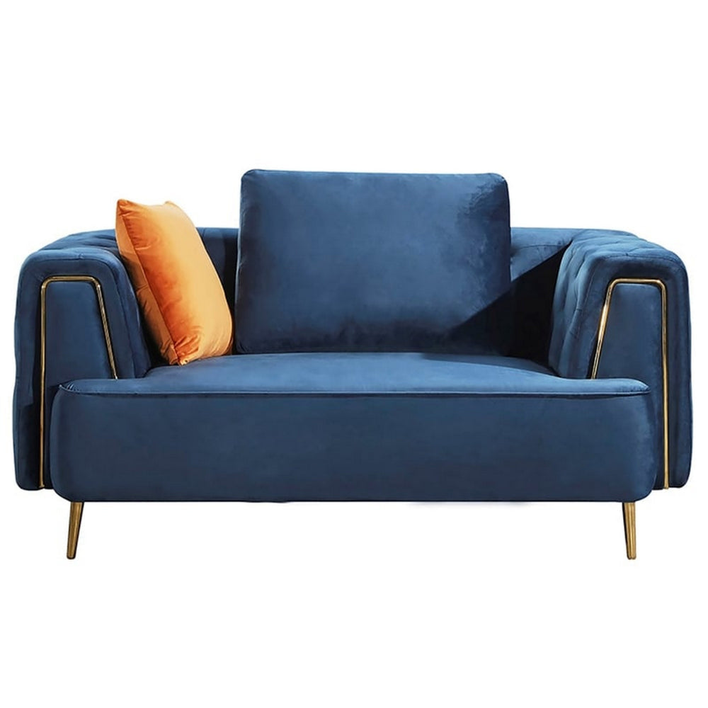 Azia Loveseat, Blue Velvet, Tufted Arms, Golden Accents, Legs 64 Inch By Casagear Home