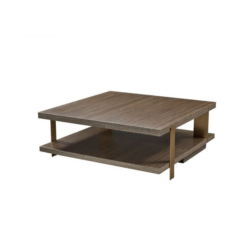 Hugo Coffee Table 39 Inch Square Lower Shelf Brown Wood Metal Frame By Casagear Home BM319271