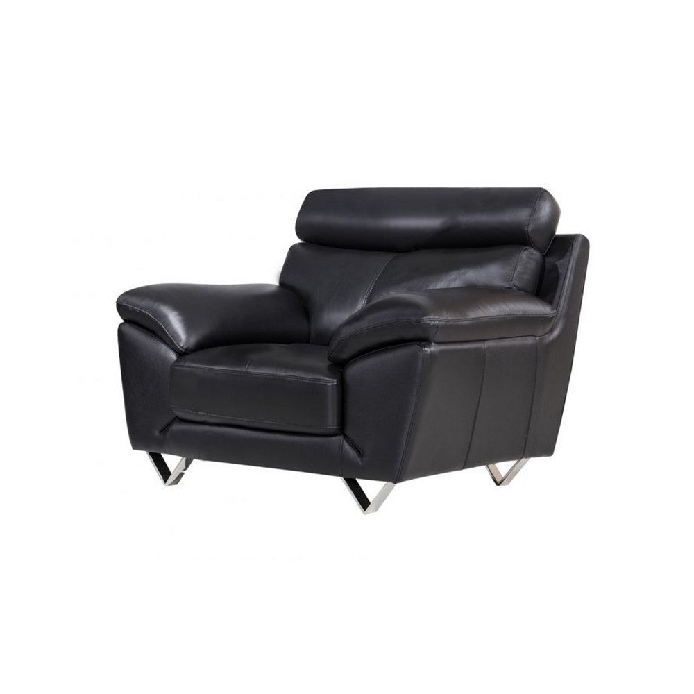 Rory Accent Chair, Black Italian Leather, Foam Cushions, Angled Metal Legs By Casagear Home