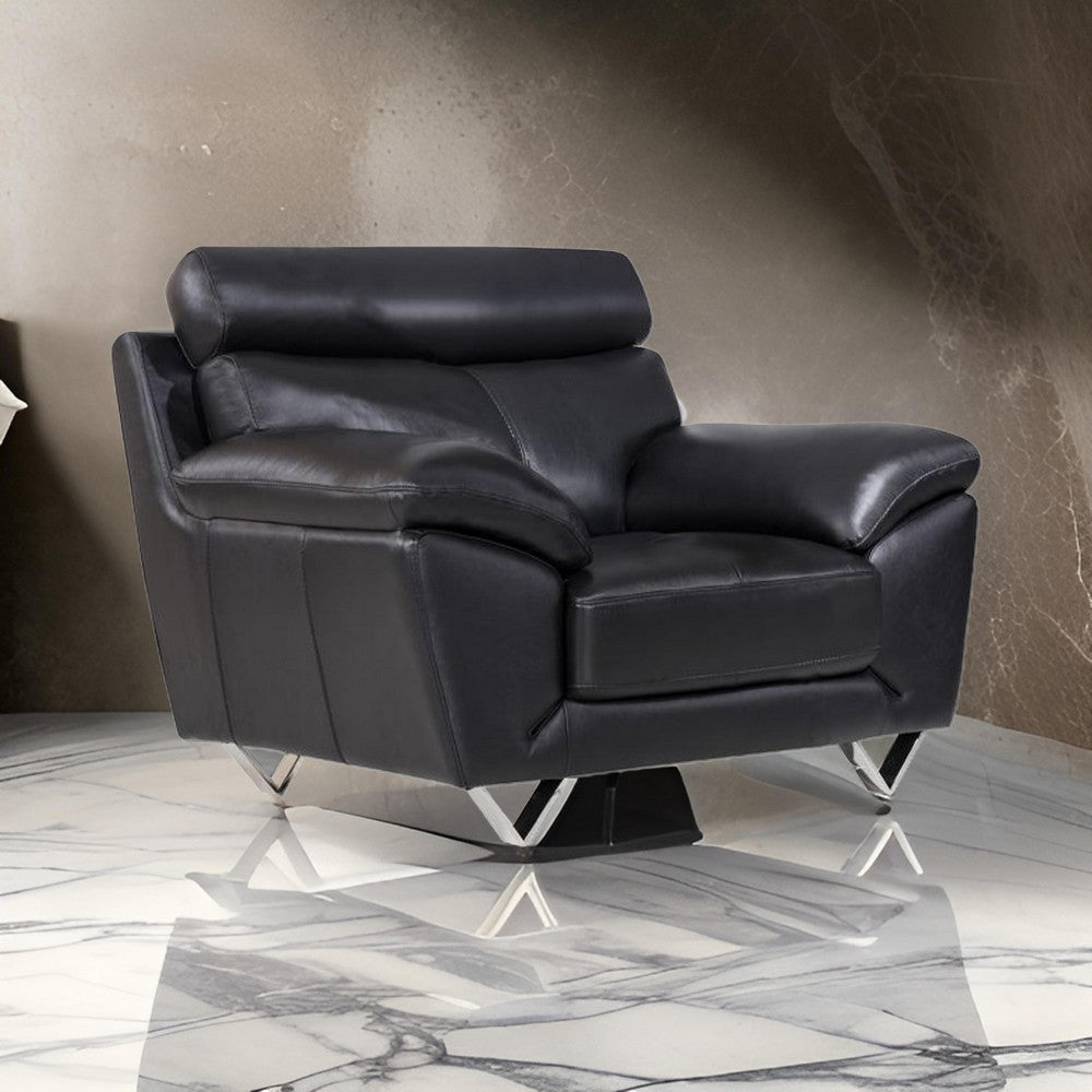 Rory Accent Chair Black Italian Leather Foam Cushions Angled Metal Legs By Casagear Home BM319278