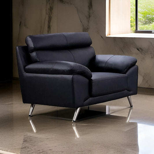 Justin Accent Chair, Black Top Grain Leather, Foam Cushions, Steel Legs  By Casagear Home