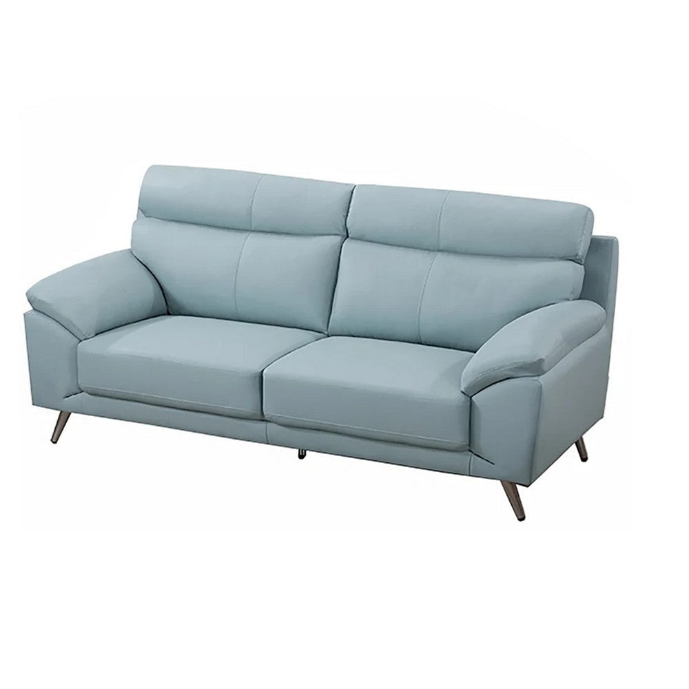 Justin Sofa Light Blue Top Grain Leather Cushions Steel Legs 80 Inch By Casagear Home BM319290