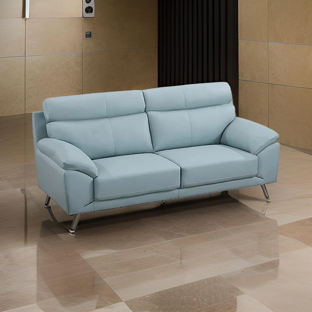 Justin Sofa Light Blue Top Grain Leather Cushions Steel Legs 80 Inch By Casagear Home BM319290