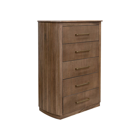 Okai Tall Dresser Chest, 5 Drawers, Gold, Farmhouse Brown Solid Mango Wood By Casagear Home