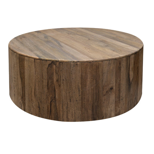 Eray Cocktail Coffee Table, 42 Inch Round Drum Shape, Brown Mango Wood By Casagear Home