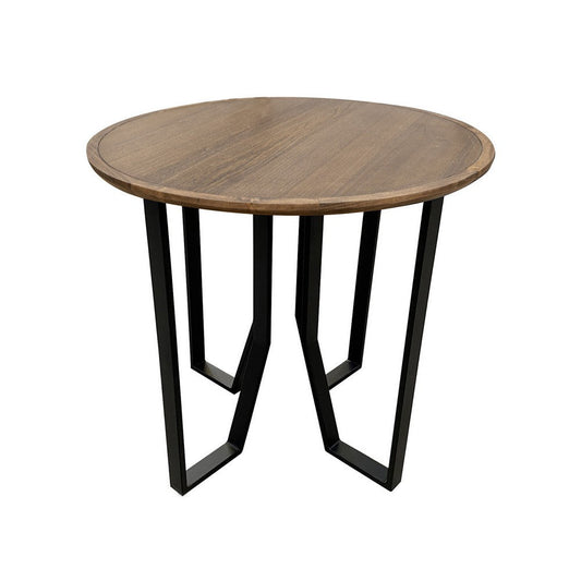 Rina Side End Table, 26 Inch Round Brown Solid Wood, Black Metal Frame By Casagear Home