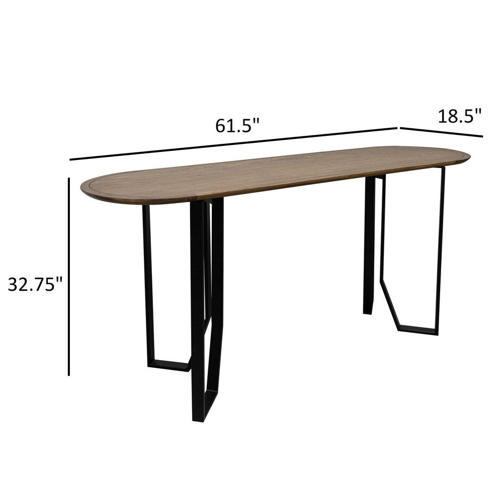 Rina Sofa Table 62 Inch Oval Brown Solid Wood Top Black Metal Frame By Casagear Home BM319302