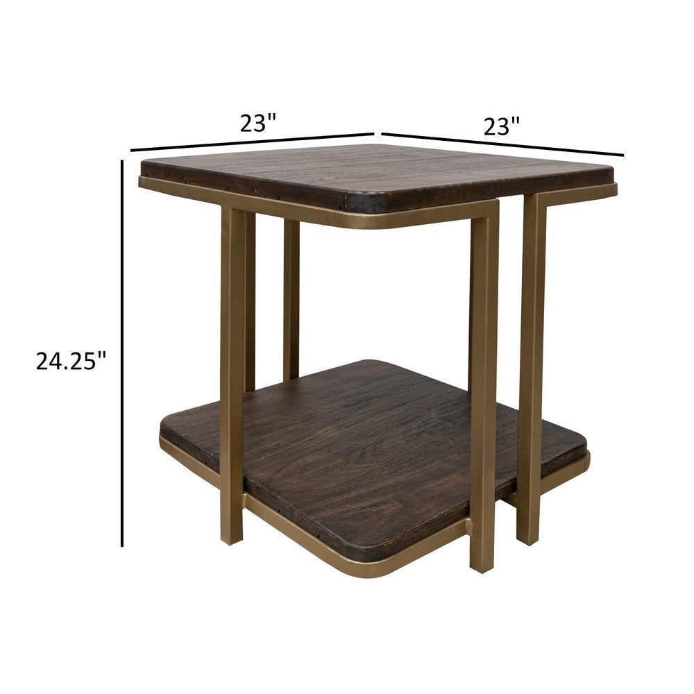 Nexa Side End Table Bottom Shelf 23 Inch Square Solid Wood Top Gold By Casagear Home BM319304