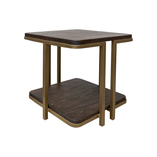 Nexa Side End Table, Bottom Shelf, 23 Inch Square Solid Wood Top, Gold By Casagear Home