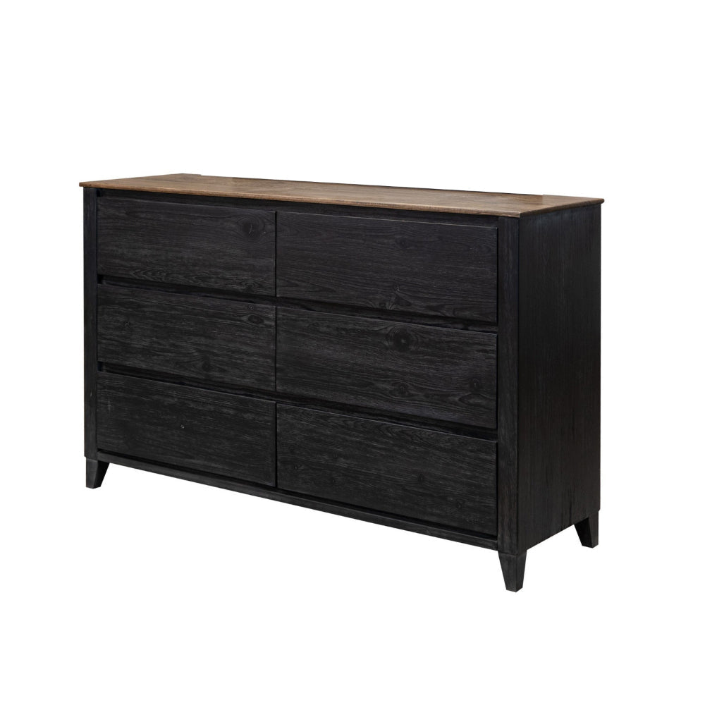 Pie Wide Dresser with 6 Drawers Black and Rustic Brown Solid Mango Wood By Casagear Home BM319309