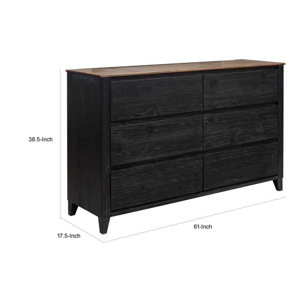 Pie Wide Dresser with 6 Drawers Black and Rustic Brown Solid Mango Wood By Casagear Home BM319309