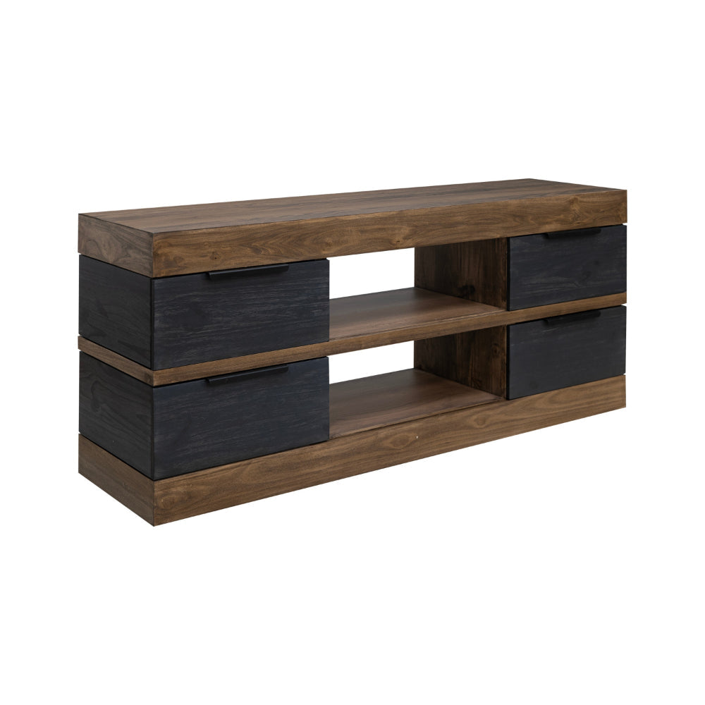 Zea 70 Inch TV Media Entertainment Console, Drawers, Black Brown Solid Wood By Casagear Home