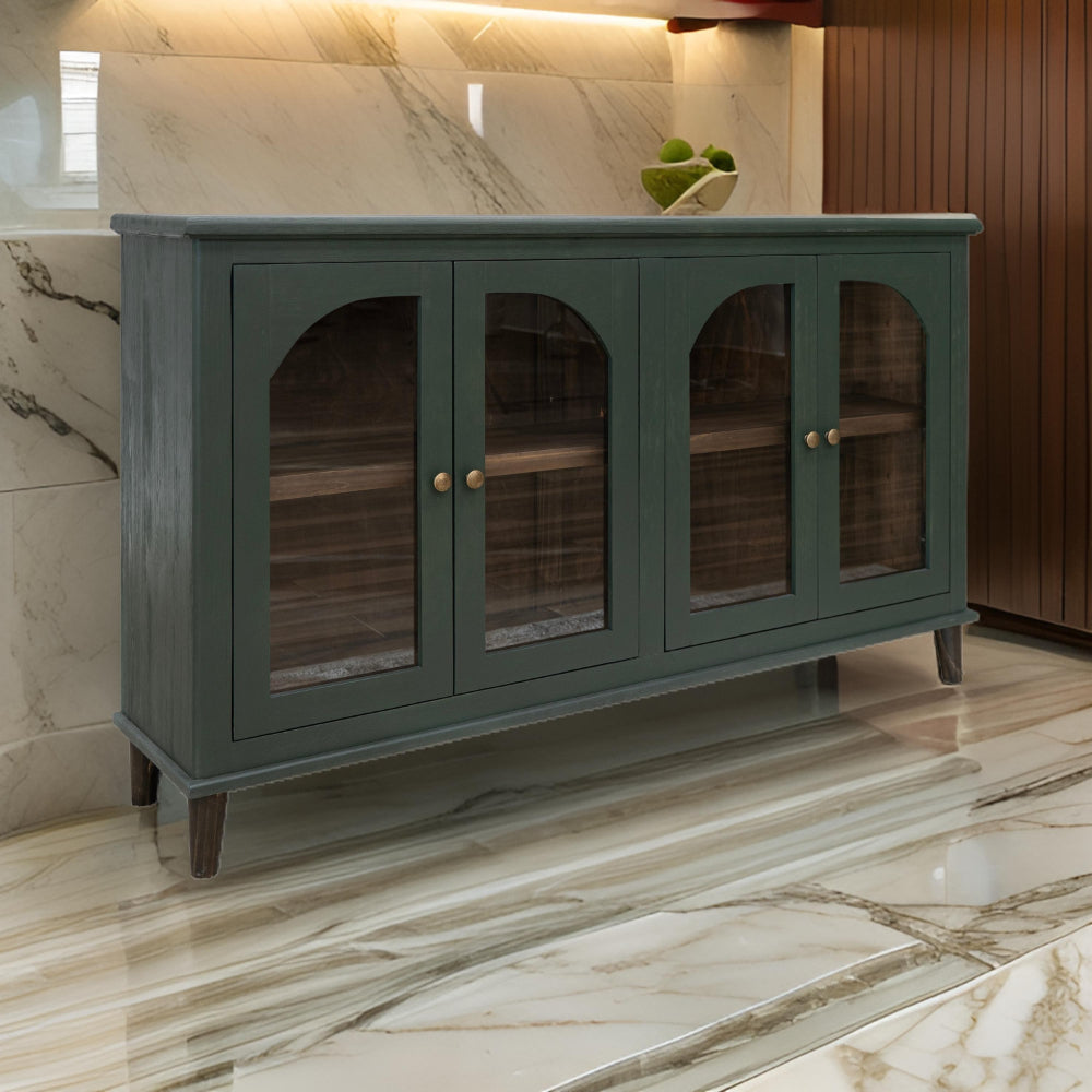 Nove 71 Inch Sideboard Console w Arch Glass Doors Green Pine Wood Bronze By Casagear Home BM319319