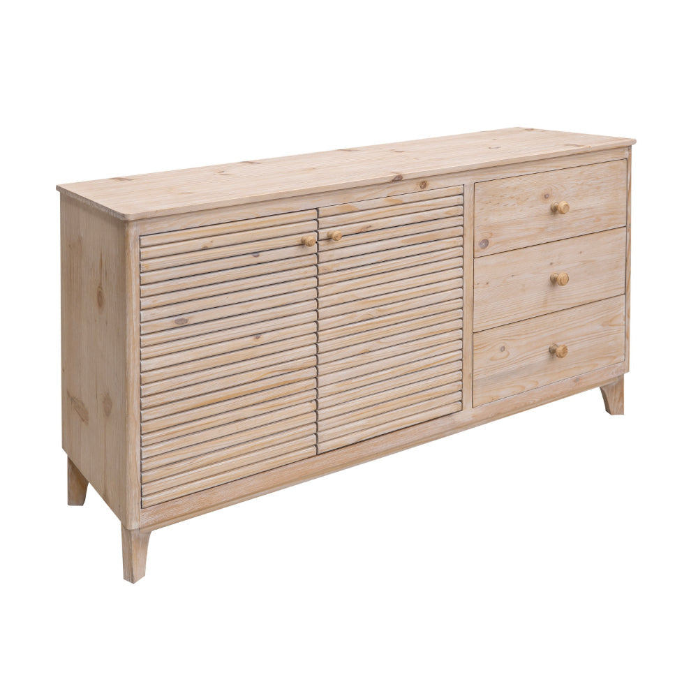 Izya 59 Inch Sideboard Console, 2 Doors, Natural Fluted Solid Pine Wood By Casagear Home