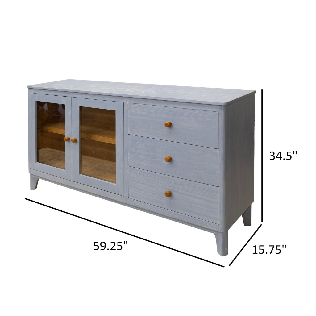 Izya 59 Inch Sideboard Console 2 Glass Doors 3 Drawers Blue Solid Wood By Casagear Home BM319322