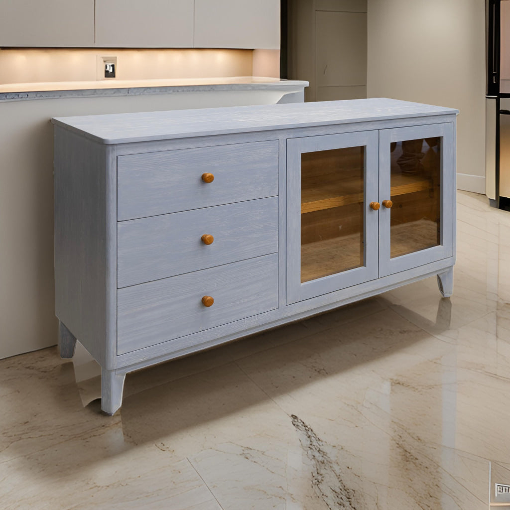 Izya 59 Inch Sideboard Console 2 Glass Doors 3 Drawers Blue Solid Wood By Casagear Home BM319322