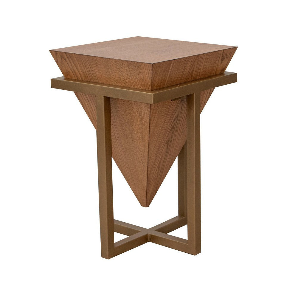 Goi Accent Table 17 Inch Inverted Pyramid Triangle Wood Top Brown Metal By Casagear Home BM319325